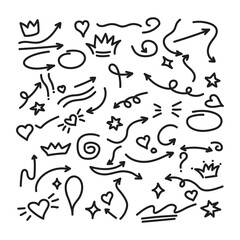 Hand drawn arrows, hearts and crowns for design