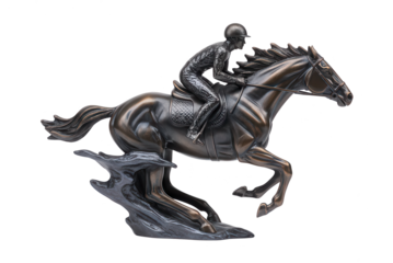 Bronze Sculpture of Horse and Jockey Racing on White Background