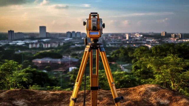 Surveying the Cityscape: A total station, perched on a tripod, meticulously surveys a sprawling cityscape, highlighting urban planning and measurement.