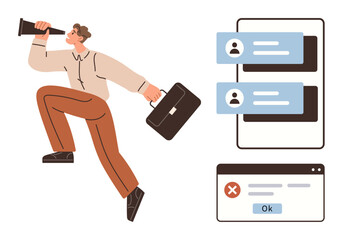 Man holding a briefcase and telescope, searching for opportunities. Features a chat window and error dialog box. Ideal for job search, online communication, career growth, decision-making