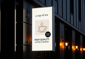 Modern coffee shop sign open now inviting customers inside