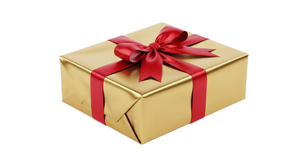 A gold gift box with a red ribbon isolated on transparent background, perfect for celebrating holidays, birthdays, and special occasions with style
