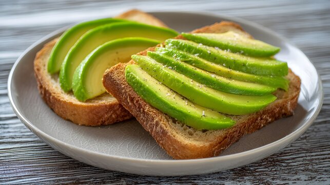 Two slices of toasted bread topped with thinly sliced green fruit sprinkled with seasoning rest on a ceramic dish. - Powered by Adobe