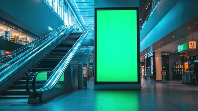 Advertisement Board in Escalator Hall: The large billboard stands prominently in a modern building next to an escalator, offering a perfect setting for your advertisements, branding or messaging.