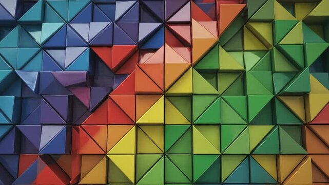Vibrant seamlessly looping video showcasing a mosaic of colorful triangles continuously shifting and reconfiguring into new abstract patterns artistic, background, reconfiguring