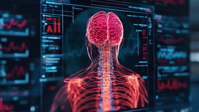 Detailed visualization of human nervous system with digital graphs showcasing brain, spine, and neural pathways data analysis 4k video footage
