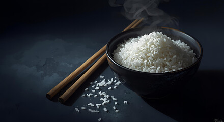 Steaming White Rice in Black Bowl with Chopstick on Dark Background 