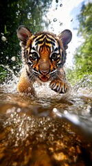 Dynamic tiger cub splashing through water jungle habitat wildlife photography vibrant environment close-up nature's power