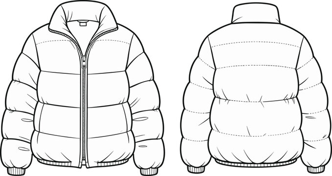 Blank puffer jacket front and back vector template, winter outerwear mockup, isolated warm padded coat fashion design outline for clothing presentation illustration