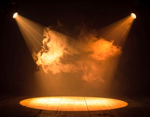 Dramatic stage spotlights illuminate smoke over a wooden platform