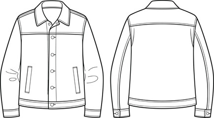 Denim jacket front and back flat sketch, fashion technical drawing, vector clothing template, unisex casual outerwear design, stylish apparel mockup illustration, jacket blueprint