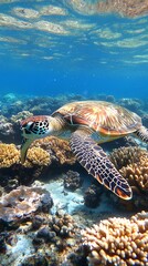Turtle swimming near corals in ocean
