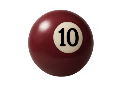Maroon billiard ball number 10, a striped pool game ball for sports, entertainment, and luck concepts, transparent background