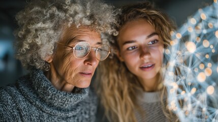 Two women, one older and one younger, examine a glowing, intricate structure with interest, showcasing a moment of connection and curiosity.