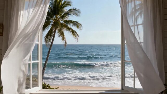Tropical Beach and Ocean View from a Hotel Window with Flowing Curtains - Seamless Loop