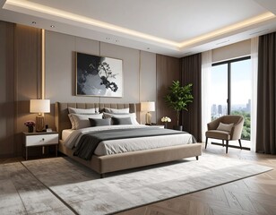 Elegant bedroom with neutral tones, artwork, and large window