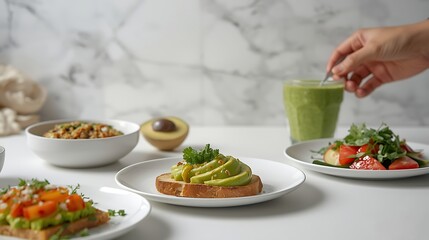 Enjoy a vibrant and healthy breakfast with avocado toast, savory salad, and a refreshing green smoothie for a bright, energetic start to your day