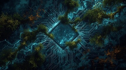 Futuristic technology meets nature in a stunning digital landscape, blending organic growth with circuit board design for a powerful, modern visual