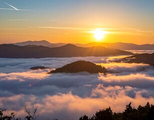 Dramatic sunrise over a misty mountain landscape, vibrant warm tones