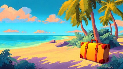 Vibrant tropical seaside landscape features a bright yellow suitcase resting near palm trees