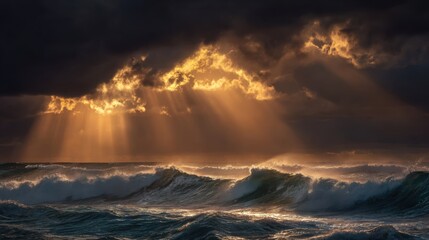 Fototapeta premium Golden Sunbeams Over Stormy Waves