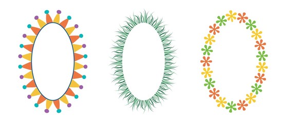 Vector illustration of colorful Easter eggs with floral pattern and flowers in a round frame for spring holiday card design