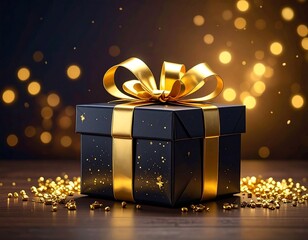 Elegant black gift box tied with gold ribbon, sparkling bokeh background