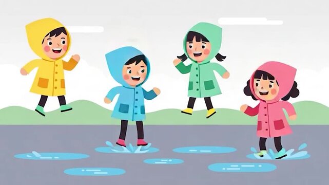 Four Happy Children Playing in Puddles on a Rainy Day.
