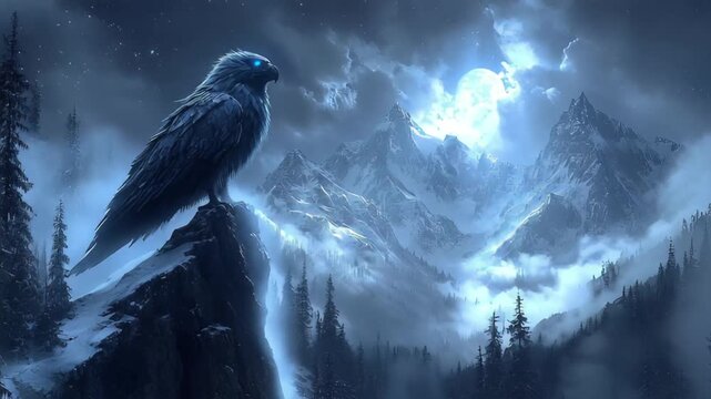 Majestic raven overlooking misty mountain landscape - Powered by Adobe