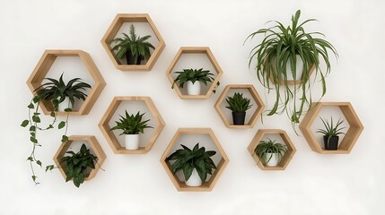 Stylish hexagon wooden shelves with vibrant plants create a modern, minimalist aesthetic, perfect for adding a touch of nature to any home decor