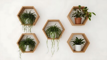 Elevate your home decor with stylish floating hexagon shelves displaying vibrant greenery, bringing natural beauty and modern design to your living space