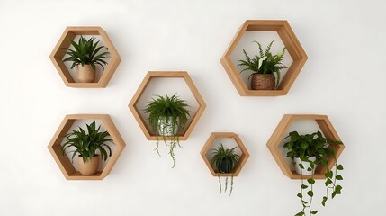 Stylish hexagon shelves with lush green plants create a modern, natural ambiance in your home or office showcasing contemporary botanical decor