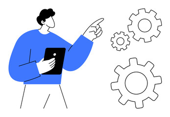 Person holding tablet while pointing at interlocking gears. Ideal for workflow, teamwork, innovation, strategy, problem-solving, project management, development. A simple flat metaphor