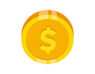 Flat vector illustration of a gold coin with a dollar sign on white background. Dollar money coin icon vector illustration
