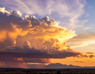Dramatic sunset clouds over distant mountain range with golden hues