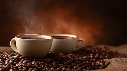 Two steaming cups of dark beverage rest upon a bed of roasted seeds with a warm brown background