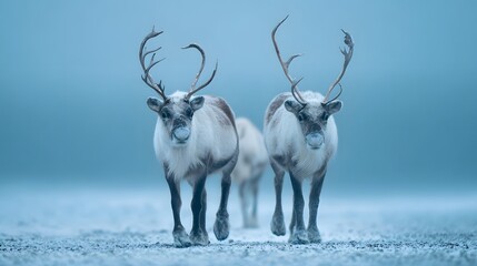 Two majestic cervids with large antlers walk forward across a snowy arctic expanse
