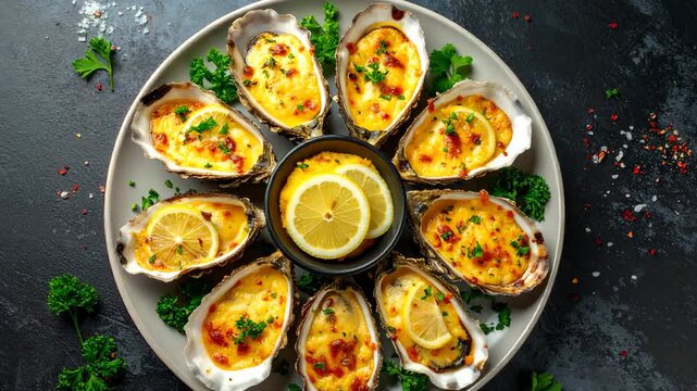 Platter of Golden-Baked Oysters Rockefeller Garnished with Lemon Slices and Parsley