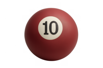 Billiard ball number 10, red pool game equipment, sphere with black ten isolated on transparent background