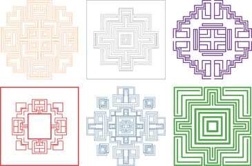 Collection of symmetrical geometric line art patterns forming intricate mandala like shapes for decorative purposes