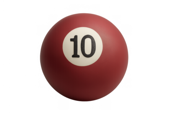 Billiard ball number 10, red pool game equipment, sphere with black ten isolated on transparent background