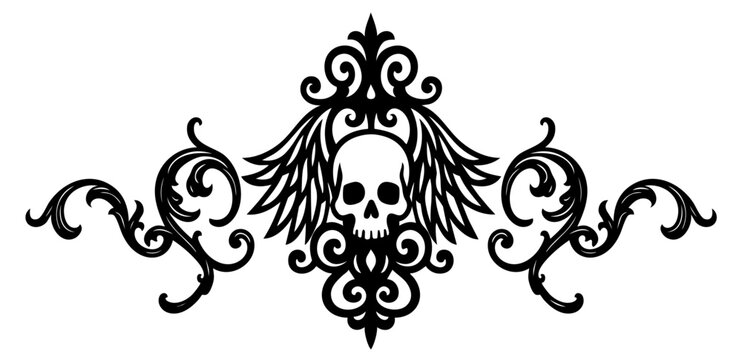 Vintage horror header ornament with skull and angel wings &mdash; gothic page border for halloween design