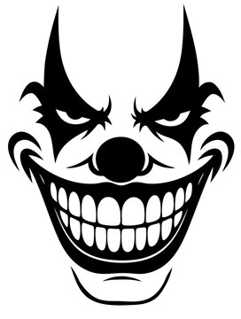 Halloween clown face with wide grin and dark eyes, scary circus joker mask