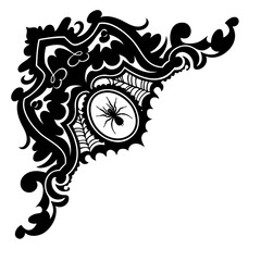 Halloween corner ornament with spider and vintage curls — gothic ornate border with spiderweb frame pattern