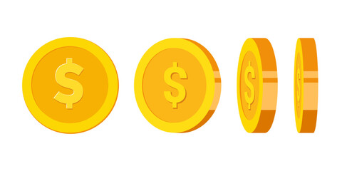 Gold Coins Vector Illustration with Dollar Symbol in Four Different Angles. Isolated, Flat, Golden money, Token illustration
