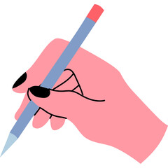 Pink Hand Holding Blue Pencil Writing Elegant Fingernails Black Nail Polish White Background Simple Illustration