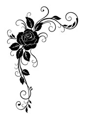 Halloween corner ornament with gothic rose and vintage curls — elegant floral border for spooky frame decoration