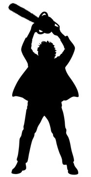 Halloween horror character monster,  character silhouette holding chainsaw above head, creepy killer in apron and suit