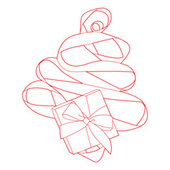 Gift box with ribbon under Noel tree festive line art illustration
