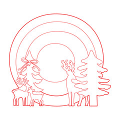Minimal Christmas forest scene reindeer, rainbow, and trees.